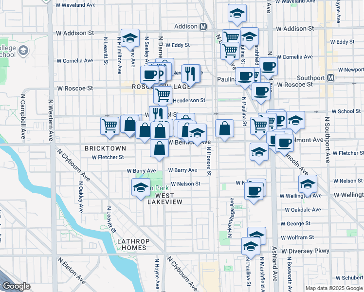 map of restaurants, bars, coffee shops, grocery stores, and more near 1912 West Belmont Avenue in Chicago