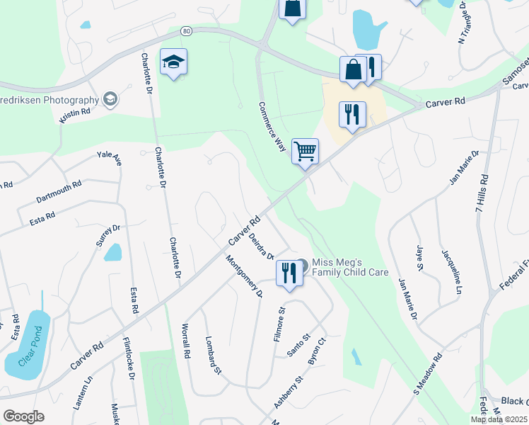 map of restaurants, bars, coffee shops, grocery stores, and more near 128 Carver Road in Plymouth