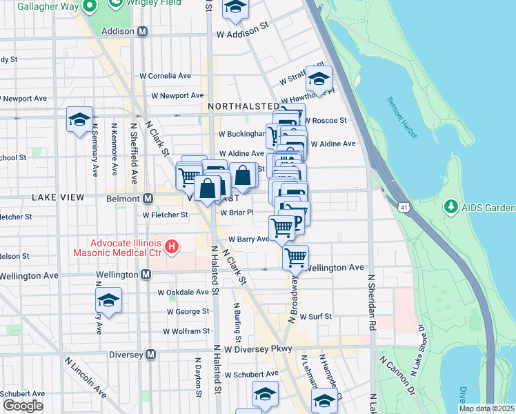 map of restaurants, bars, coffee shops, grocery stores, and more near 654 West Briar Place in Chicago