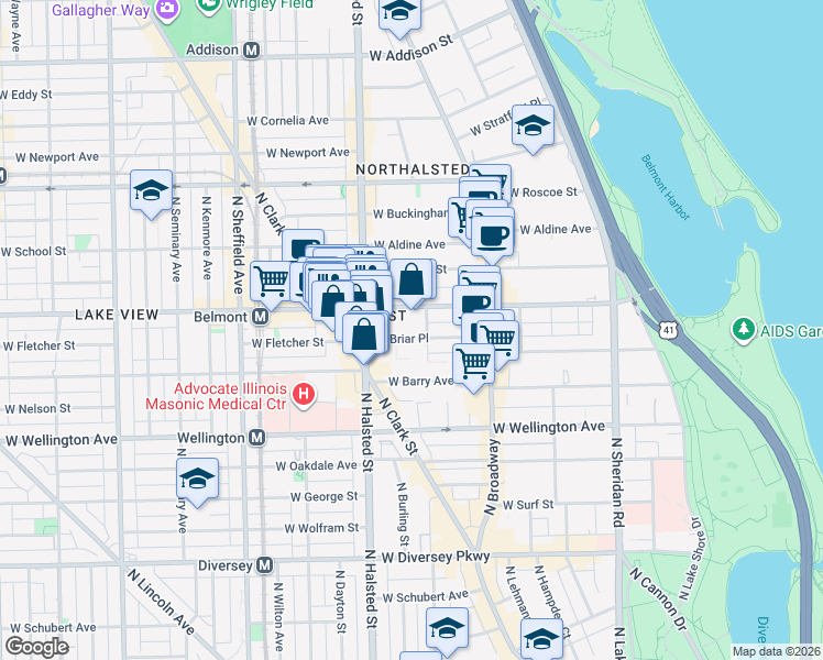 map of restaurants, bars, coffee shops, grocery stores, and more near 712 West Briar Place in Chicago