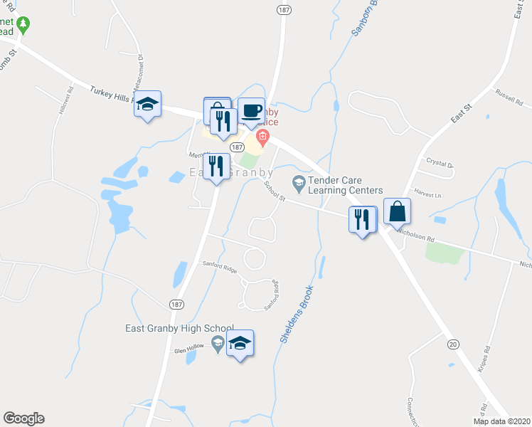 map of restaurants, bars, coffee shops, grocery stores, and more near 12 Schoolhouse Landing in East Granby