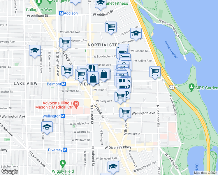 map of restaurants, bars, coffee shops, grocery stores, and more near 3153 North Orchard Street in Chicago