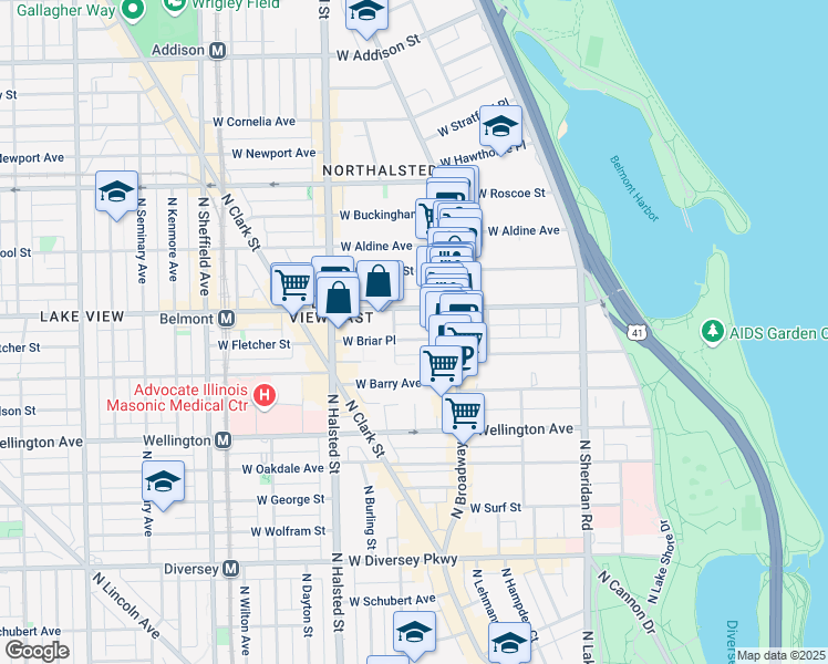 map of restaurants, bars, coffee shops, grocery stores, and more near 640 West Briar Place in Chicago