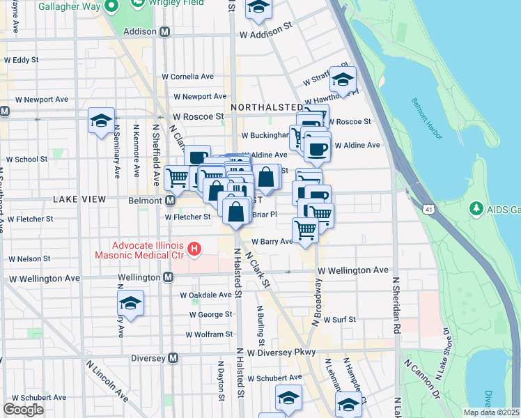 map of restaurants, bars, coffee shops, grocery stores, and more near 722 West Briar Place in Chicago