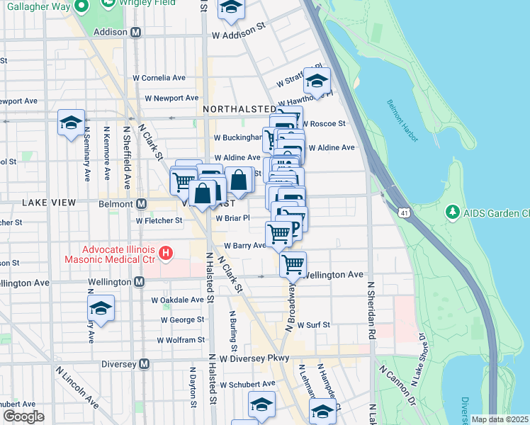map of restaurants, bars, coffee shops, grocery stores, and more near 3165 North Orchard Street in Chicago