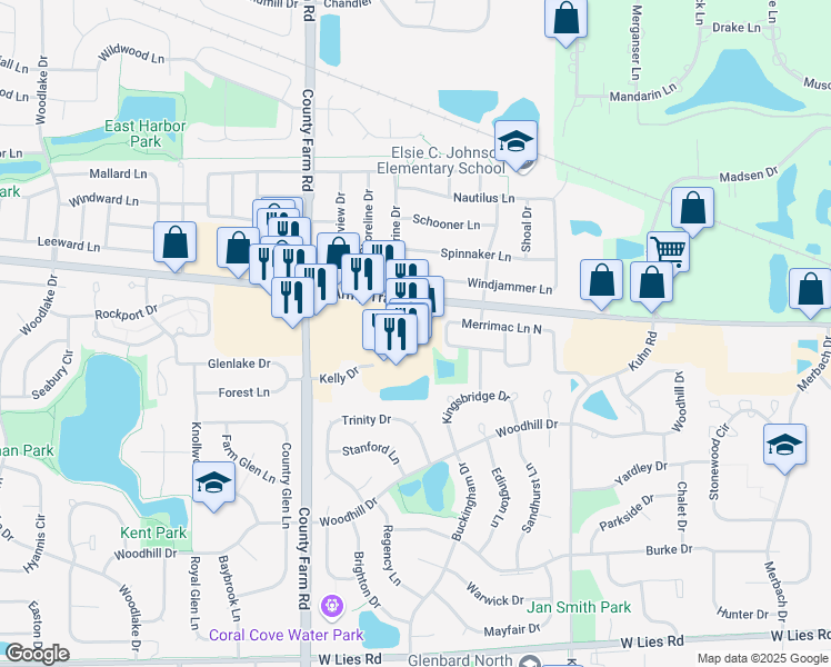 map of restaurants, bars, coffee shops, grocery stores, and more near 724 Army Trail Road in Carol Stream