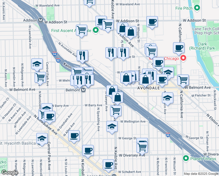 map of restaurants, bars, coffee shops, grocery stores, and more near 3300 West Belmont Avenue in Chicago