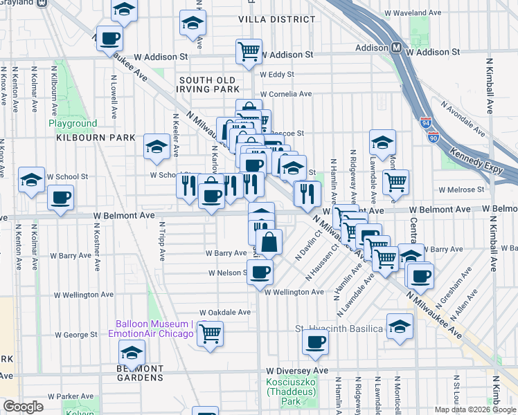map of restaurants, bars, coffee shops, grocery stores, and more near 3224 North Pulaski Road in Chicago