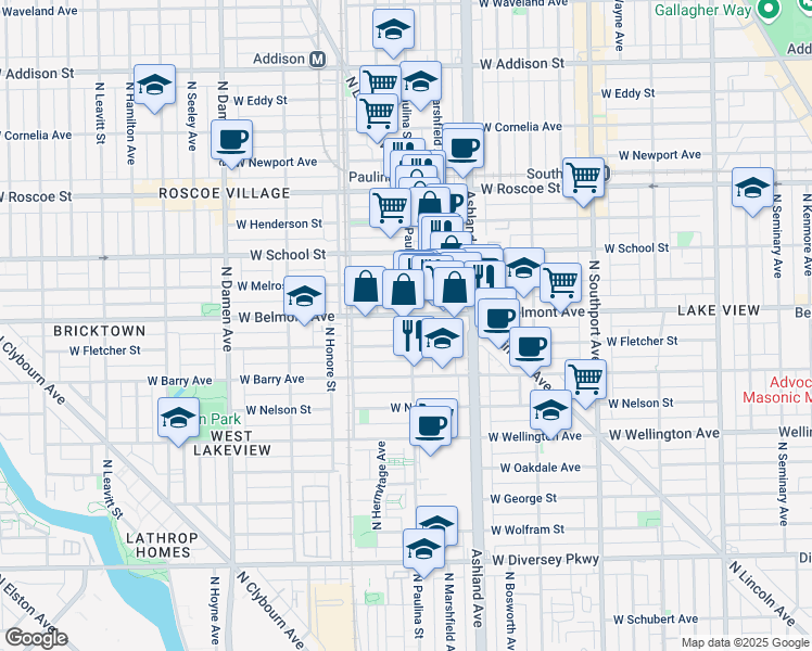 map of restaurants, bars, coffee shops, grocery stores, and more near 3158 North Paulina Street in Chicago