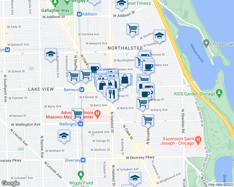 map of restaurants, bars, coffee shops, grocery stores, and more near 727 West Belmont Avenue in Chicago