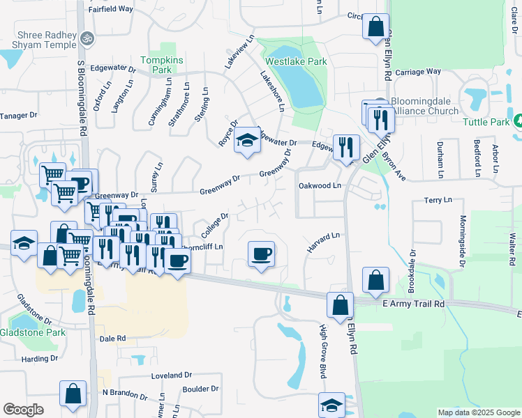map of restaurants, bars, coffee shops, grocery stores, and more near 322 Fairchild Court in Bloomingdale