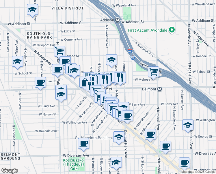 map of restaurants, bars, coffee shops, grocery stores, and more near 3224 North Lawndale Avenue in Chicago