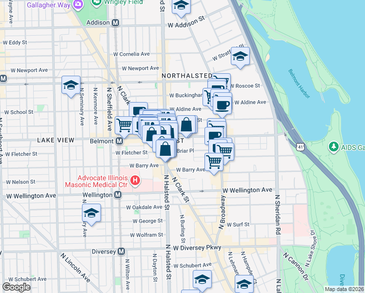 map of restaurants, bars, coffee shops, grocery stores, and more near 722 West Briar Place in Chicago