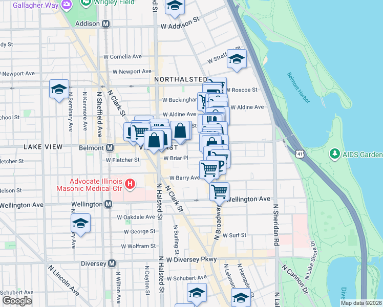 map of restaurants, bars, coffee shops, grocery stores, and more near 654 West Briar Place in Chicago