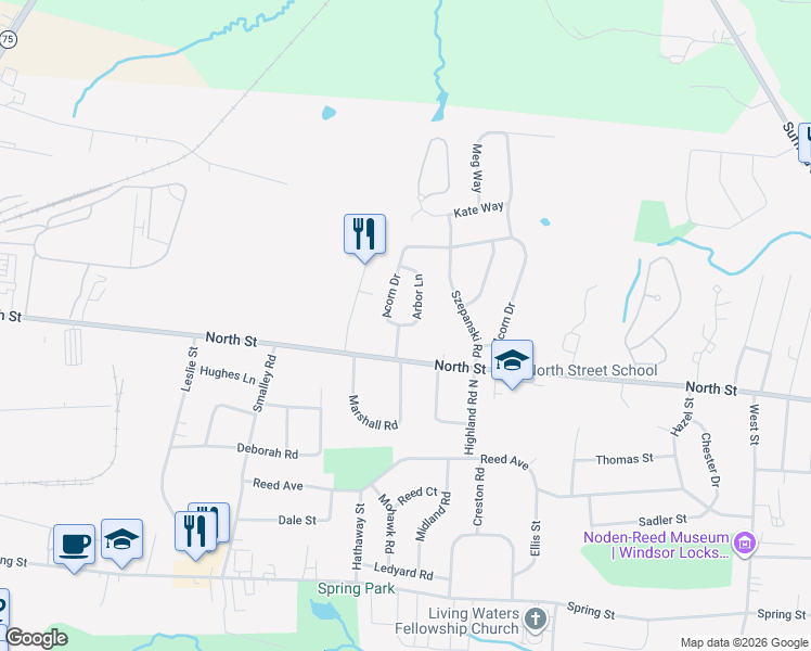 map of restaurants, bars, coffee shops, grocery stores, and more near 10 Arbor Lane in Windsor Locks