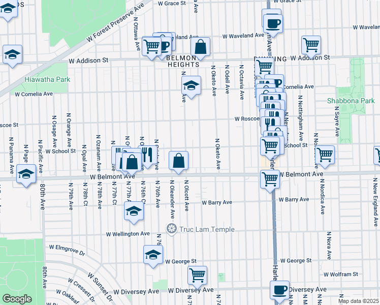 map of restaurants, bars, coffee shops, grocery stores, and more near 3310 North Olcott Avenue in Chicago
