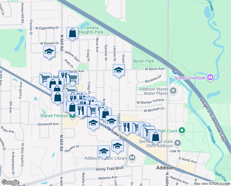 map of restaurants, bars, coffee shops, grocery stores, and more near 720 North Lincoln Avenue in Addison