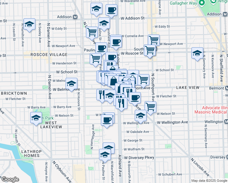 map of restaurants, bars, coffee shops, grocery stores, and more near 3213-3235 North Lincoln Avenue in Chicago