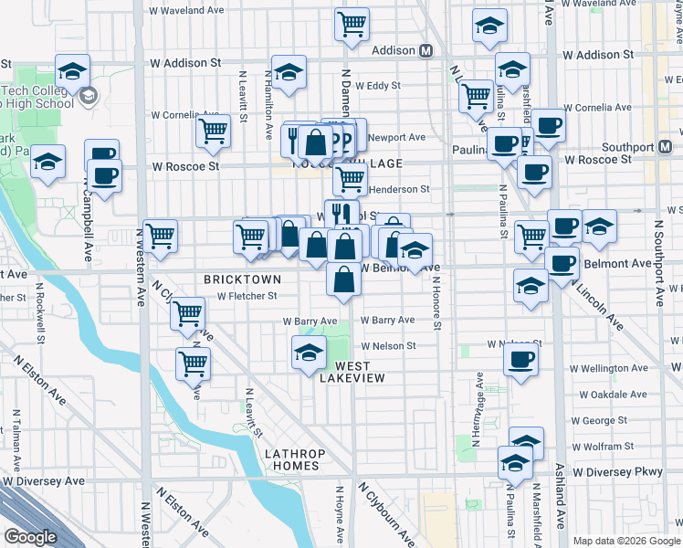 map of restaurants, bars, coffee shops, grocery stores, and more near 2026 West Belmont Avenue in Chicago