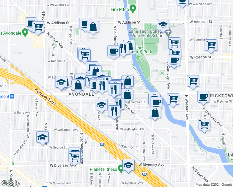 map of restaurants, bars, coffee shops, grocery stores, and more near West Belmont Avenue & North California Avenue in Chicago