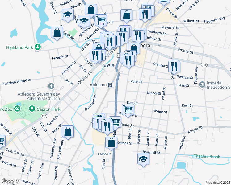 map of restaurants, bars, coffee shops, grocery stores, and more near 130 South Main Street in Attleboro