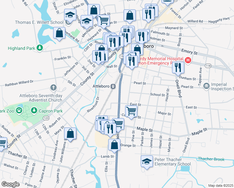 map of restaurants, bars, coffee shops, grocery stores, and more near 130 South Main Street in Attleboro
