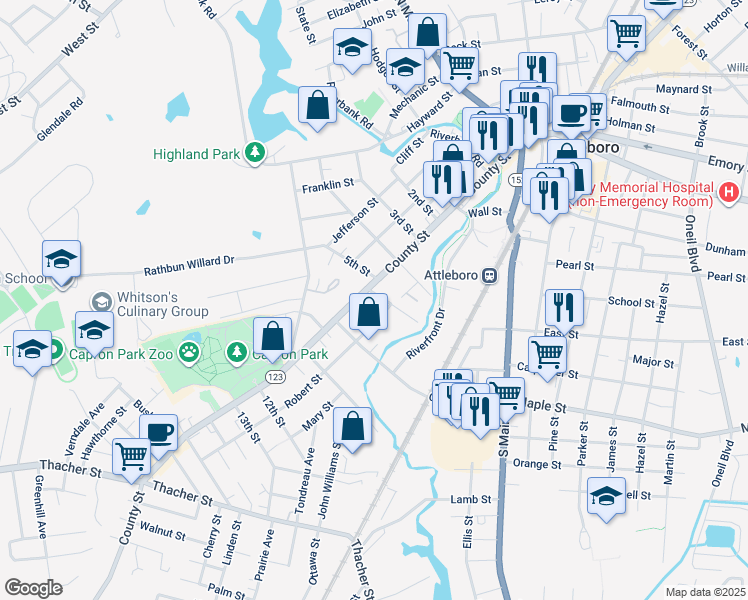 map of restaurants, bars, coffee shops, grocery stores, and more near 145 Massachusetts 123 in Attleboro