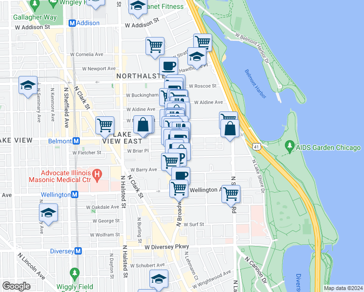 map of restaurants, bars, coffee shops, grocery stores, and more near 535 West Belmont Avenue in Chicago