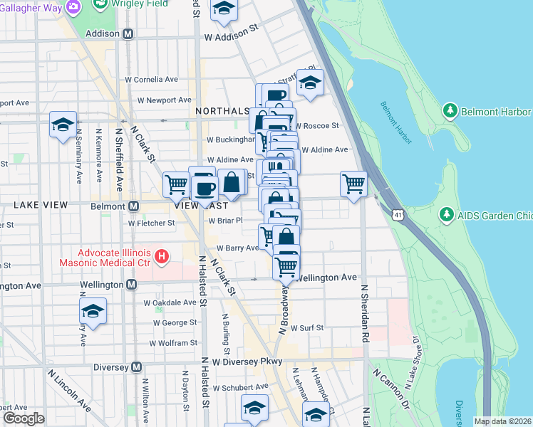 map of restaurants, bars, coffee shops, grocery stores, and more near 622 West Briar Place in Chicago