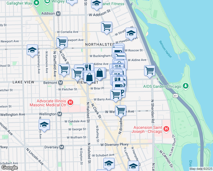 map of restaurants, bars, coffee shops, grocery stores, and more near 651 West Belmont Avenue in Chicago