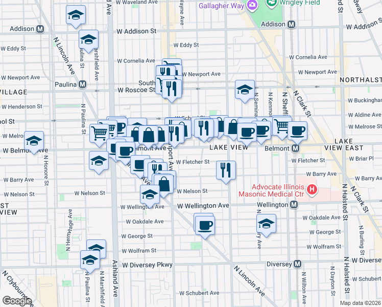 map of restaurants, bars, coffee shops, grocery stores, and more near 1300 West Belmont Avenue in Chicago