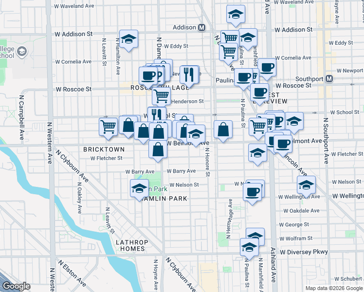 map of restaurants, bars, coffee shops, grocery stores, and more near 1912 West Belmont Avenue in Chicago