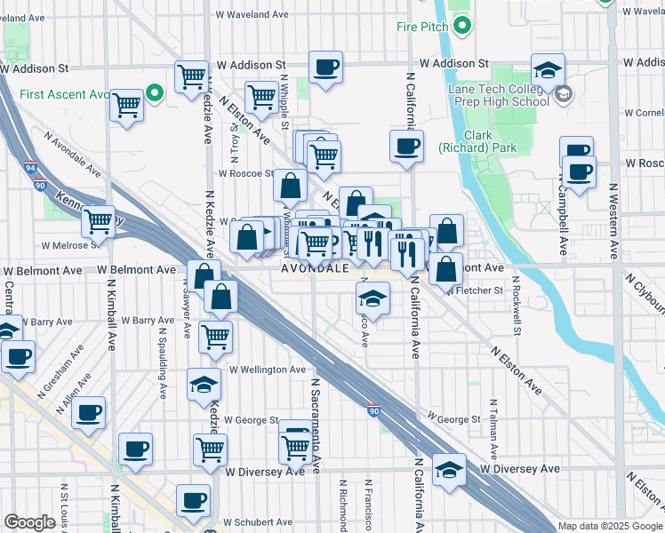 map of restaurants, bars, coffee shops, grocery stores, and more near 3218 North Richmond Street in Chicago