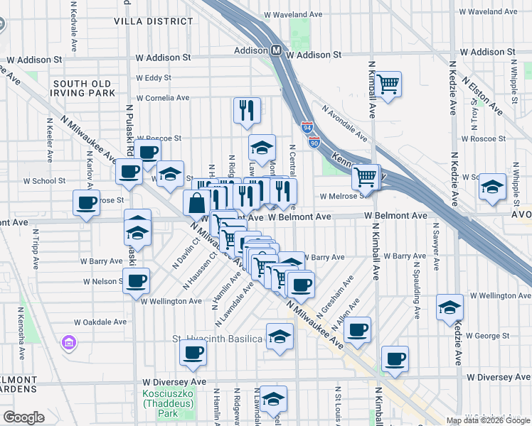 map of restaurants, bars, coffee shops, grocery stores, and more near 3229 North Monticello Avenue in Chicago
