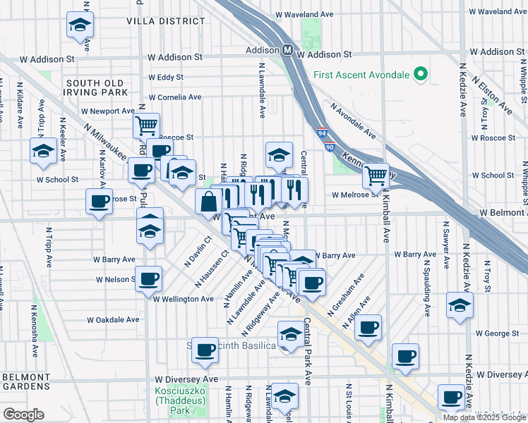 map of restaurants, bars, coffee shops, grocery stores, and more near 3224 North Lawndale Avenue in Chicago