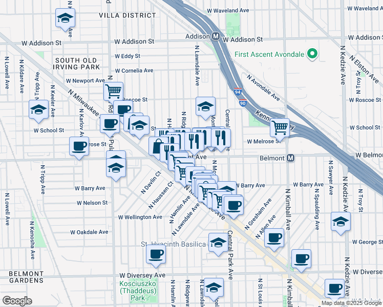 map of restaurants, bars, coffee shops, grocery stores, and more near 3224 North Lawndale Avenue in Chicago