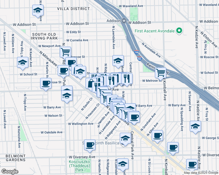 map of restaurants, bars, coffee shops, grocery stores, and more near 3224 North Lawndale Avenue in Chicago