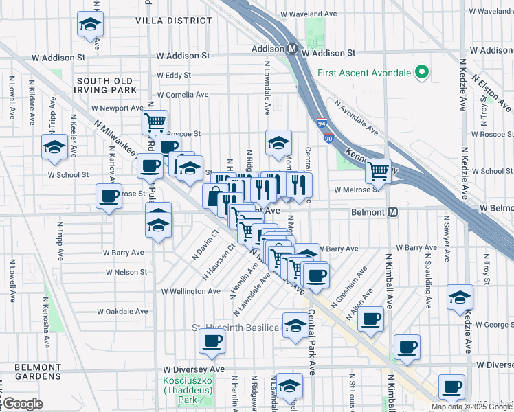 map of restaurants, bars, coffee shops, grocery stores, and more near 3224 North Lawndale Avenue in Chicago