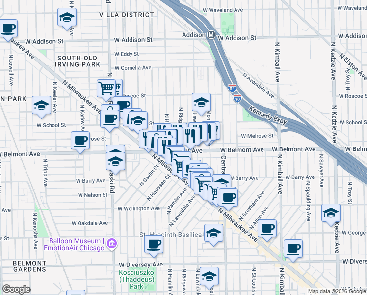 map of restaurants, bars, coffee shops, grocery stores, and more near 3228 North Ridgeway Avenue in Chicago