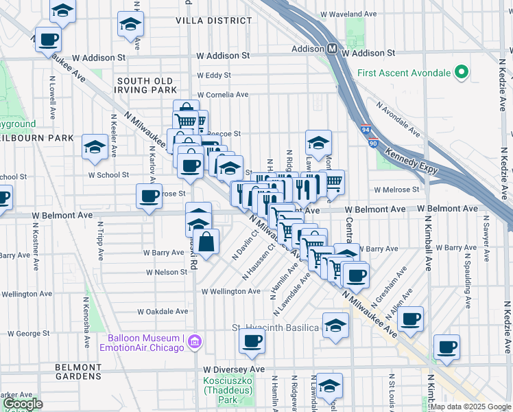 map of restaurants, bars, coffee shops, grocery stores, and more near 3227 North Avers Avenue in Chicago