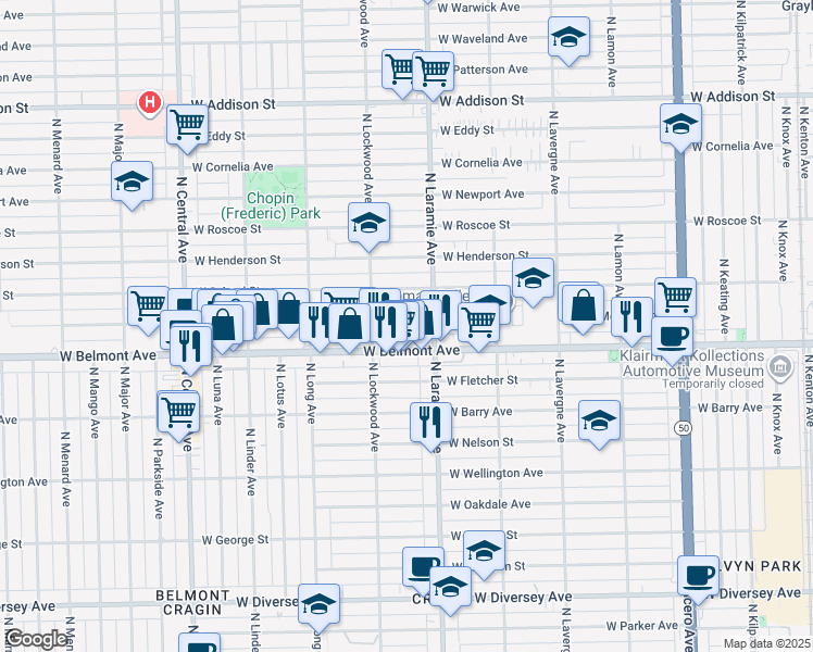 map of restaurants, bars, coffee shops, grocery stores, and more near 5220 West Melrose Street in Chicago