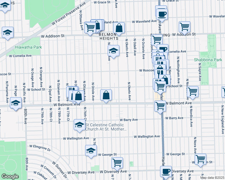 map of restaurants, bars, coffee shops, grocery stores, and more near 3310 North Olcott Avenue in Chicago