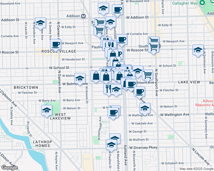 map of restaurants, bars, coffee shops, grocery stores, and more near 1642 West Belmont Avenue in Chicago