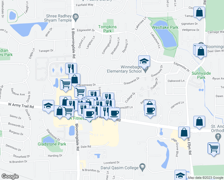 map of restaurants, bars, coffee shops, grocery stores, and more near 366 Hilton Drive in Glendale Heights