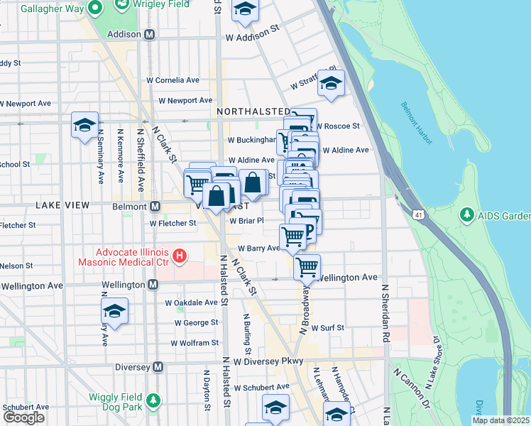 map of restaurants, bars, coffee shops, grocery stores, and more near 3155 North Orchard Street in Chicago