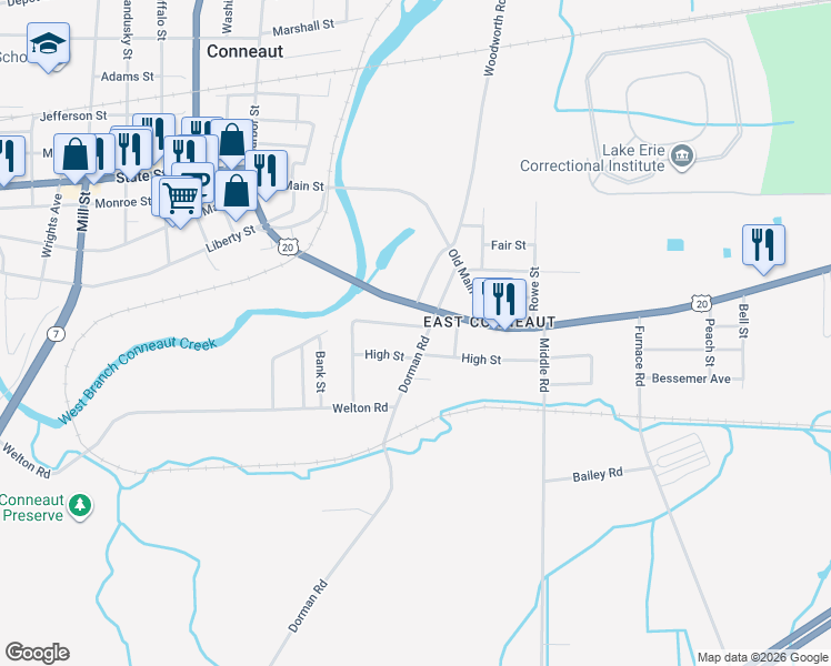 map of restaurants, bars, coffee shops, grocery stores, and more near 215 East Main Road in Conneaut