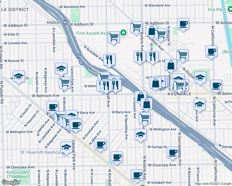 map of restaurants, bars, coffee shops, grocery stores, and more near 3300 West Belmont Avenue in Chicago