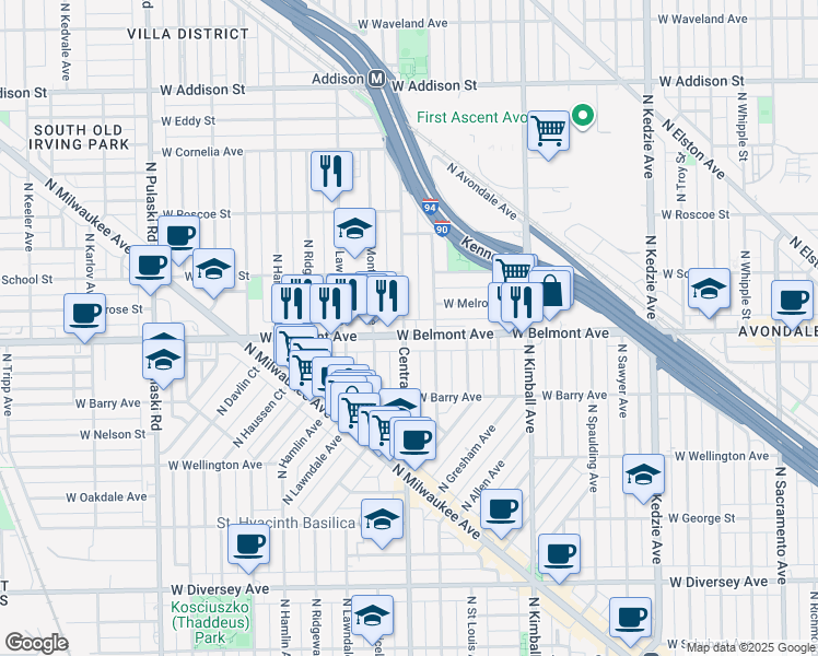 map of restaurants, bars, coffee shops, grocery stores, and more near 3225 North Central Park Avenue in Chicago