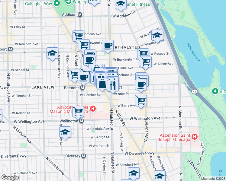 map of restaurants, bars, coffee shops, grocery stores, and more near 3155 North Halsted Street in Chicago