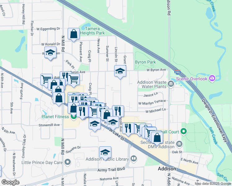 map of restaurants, bars, coffee shops, grocery stores, and more near 720 North Lincoln Avenue in Addison